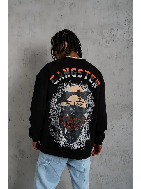 Erkek 3 İplik Gangster Baskılı Sweatshirt - Siyah