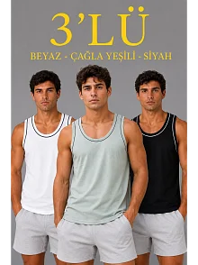Erkek 3’lü Kolsuz Sporcu Atlet Seti Yazlık Bisiklet Yakalı - Mint Yeşili, Siyah, Beyaz