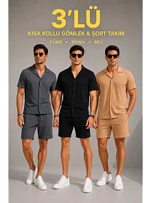 Erkek 3’lü Krep Kumaş Cepli Gömlek Şort Takım Kısa Kollu Bağcıklı - Füme, Siyah , Bej