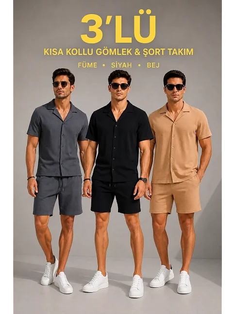 Erkek 3’lü Krep Kumaş Cepli Gömlek Şort Takım Kısa Kollu Bağcıklı - Füme, Siyah , Bej Erkek 3’lü Krep Kumaş Cepli Gömlek Şort Takım Kısa Kollu Bağcıklı - Füme, Siyah , Bej