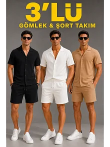 Erkek 3’lü Krep Kumaş Cepli Gömlek Şort Takım Kısa Kollu Bağcıklı - Siyah , Beyaz , Bej
