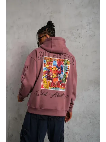 Erkek 93 Dijital Parça Baskılı Kapşonlu Sweat - Gül Kurusu