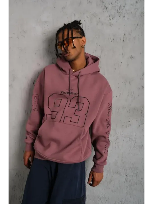 Erkek 93 Dijital Parça Baskılı Kapşonlu Sweat - Gül Kurusu
