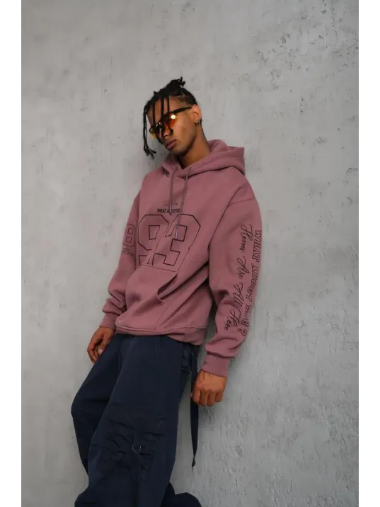 Erkek 93 Dijital Parça Baskılı Kapşonlu Sweat - Gül Kurusu