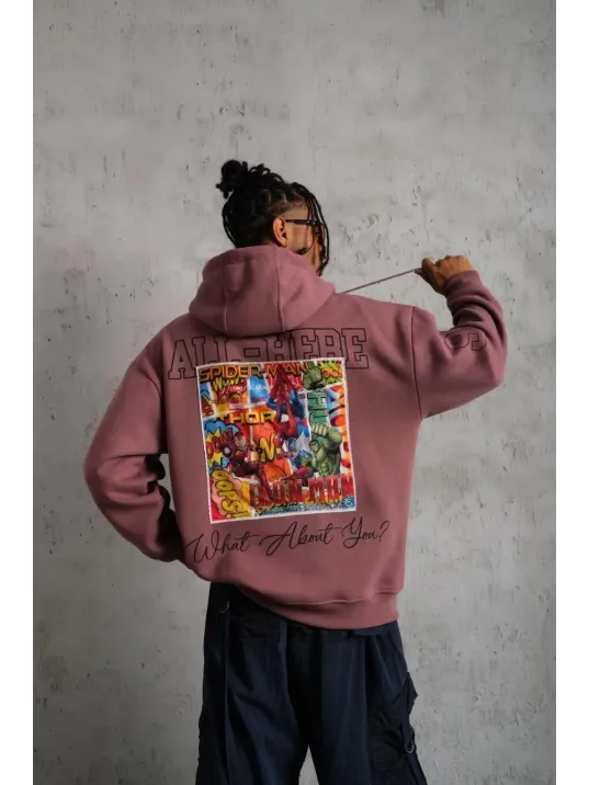 Erkek 93 Dijital Parça Baskılı Kapşonlu Sweat - Gül Kurusu