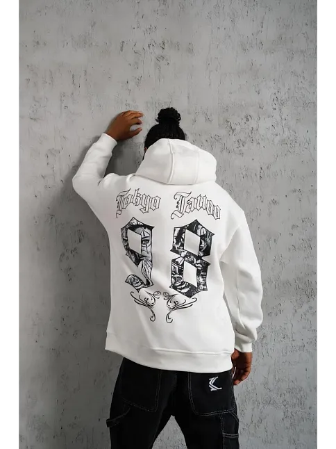 Erkek 98 Baskılı Kapşonlu Sweat - Beyaz
