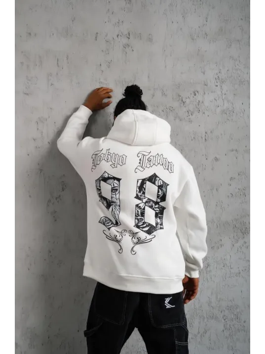 Erkek 98 Baskılı Kapşonlu Sweat - Beyaz
