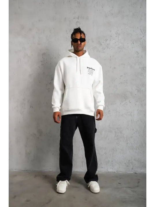 Erkek 98 Baskılı Kapşonlu Sweat - Beyaz