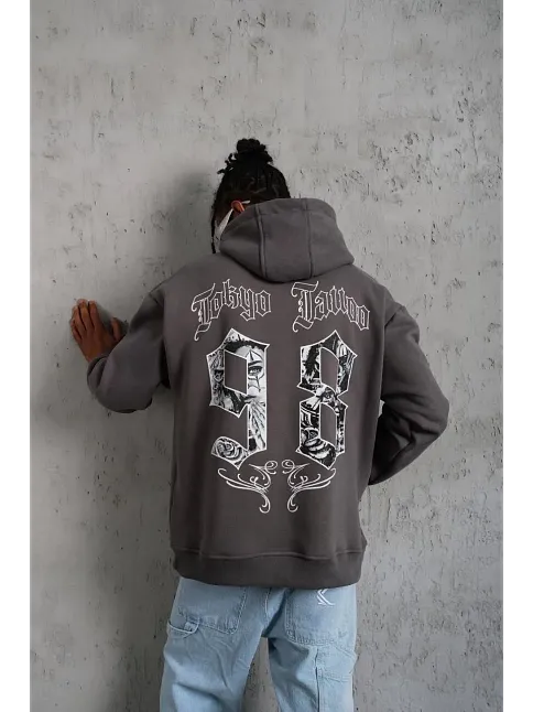 Erkek 98 Baskılı Kapşonlu Sweat - Gri