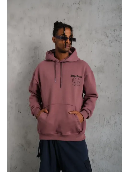 Erkek 98 Baskılı Kapşonlu Sweat - Gül Kurusu