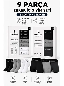 Erkek 9'lu İç Giyim Seti Pamuklu 3 Boxer 6 Çorap Çoklu Paket - Siyah - Füme - Gri - Beyaz