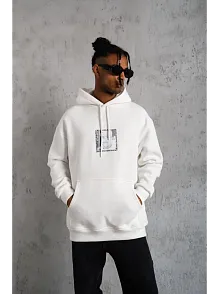 Erkek Ön Arka Baskılı Kapşonlu Sweat - Beyaz