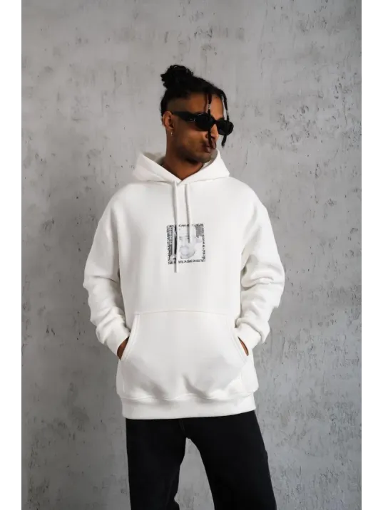 Erkek Ön Arka Baskılı Kapşonlu Sweat - Beyaz Erkek Ön Arka Baskılı Kapşonlu Sweat - Beyaz