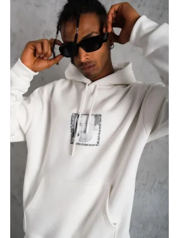 Erkek Ön Arka Baskılı Kapşonlu Sweat - Beyaz Erkek Ön Arka Baskılı Kapşonlu Sweat - Beyaz