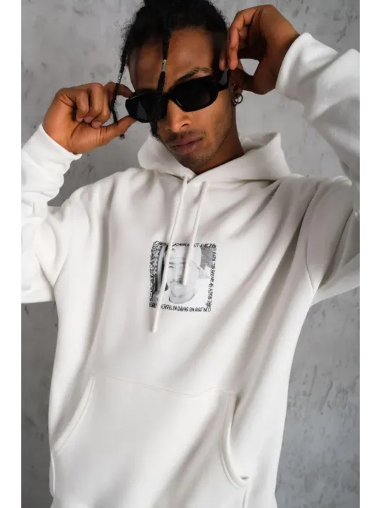Erkek Ön Arka Baskılı Kapşonlu Sweat - Beyaz Erkek Ön Arka Baskılı Kapşonlu Sweat - Beyaz