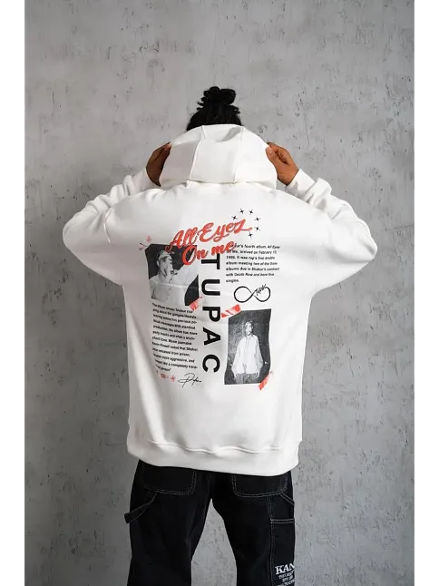 Erkek Ön Arka Baskılı Kapşonlu Sweat - Beyaz