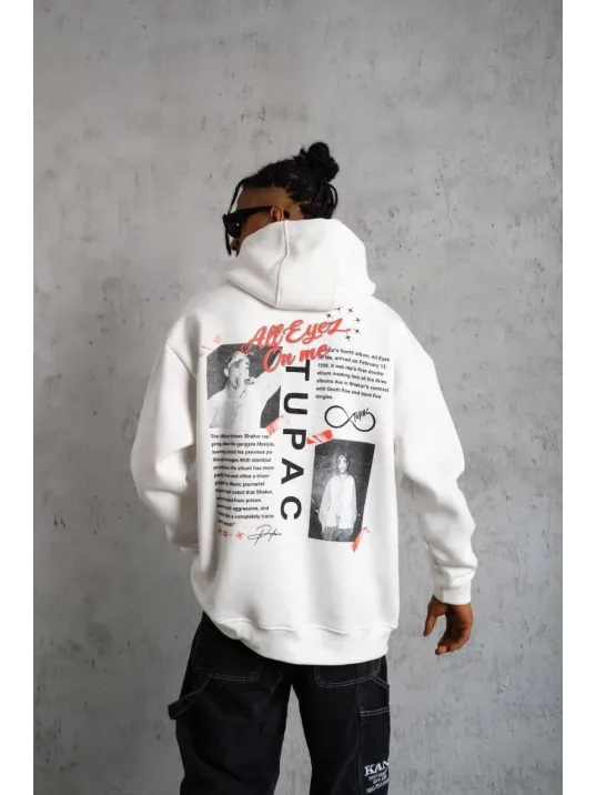 Erkek Ön Arka Baskılı Kapşonlu Sweat - Beyaz Erkek Ön Arka Baskılı Kapşonlu Sweat - Beyaz