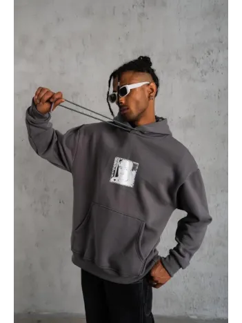 Erkek Ön Arka Baskılı Kapşonlu Sweat - Gri