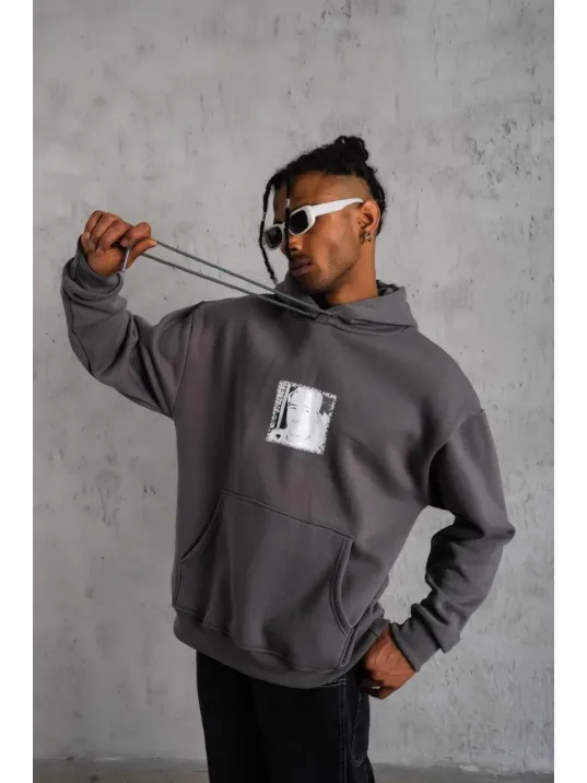 Erkek Ön Arka Baskılı Kapşonlu Sweat - Gri