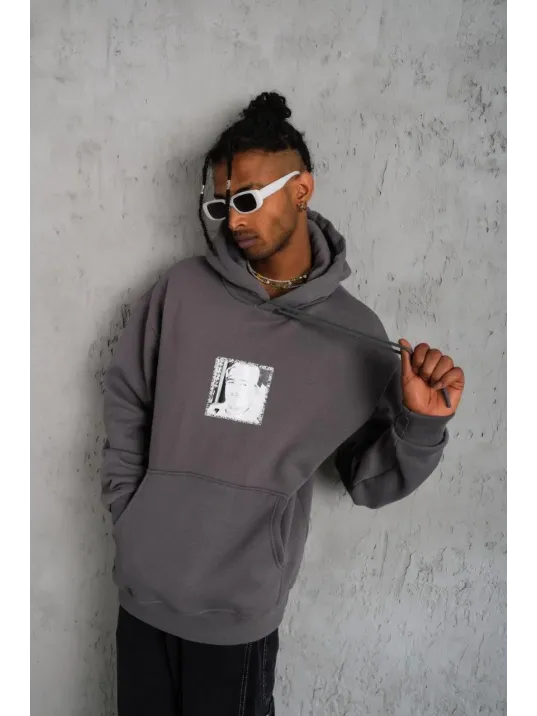 Erkek Ön Arka Baskılı Kapşonlu Sweat - Gri