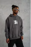 Erkek Ön Arka Baskılı Kapşonlu Sweat - Gri