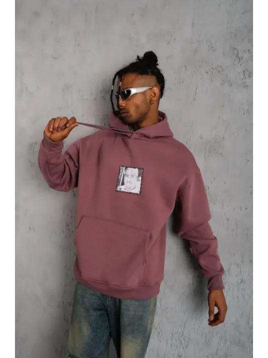Erkek Ön Arka Baskılı Kapşonlu Sweat - Gül Kurusu