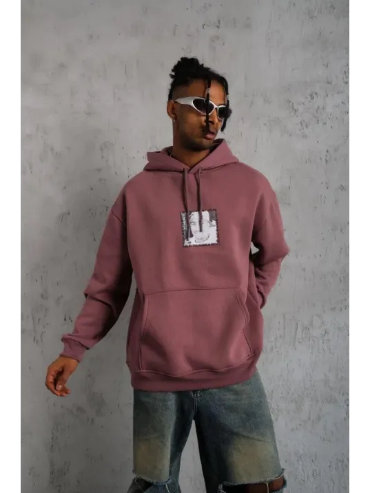 Erkek Ön Arka Baskılı Kapşonlu Sweat - Gül Kurusu