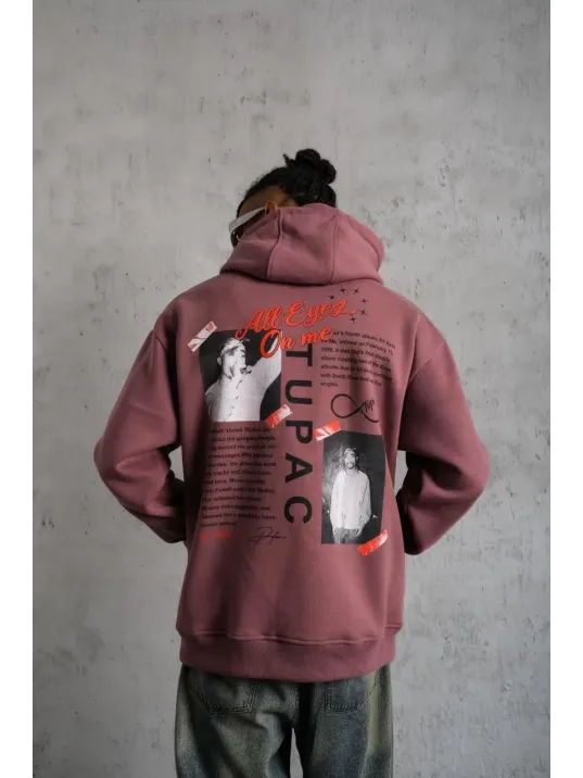 Erkek Ön Arka Baskılı Kapşonlu Sweat - Gül Kurusu