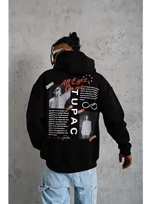 Erkek Ön Arka Baskılı Kapşonlu Sweat - Siyah