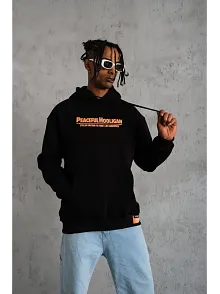 Erkek Armalı Baskılı Kapüşonlu Sweatshirt - Siyah