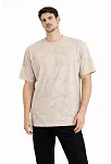 Erkek Asit Yıkama Bisiklet Yaka Kısa Kollu Oversize T-shirt Tişört - Bej