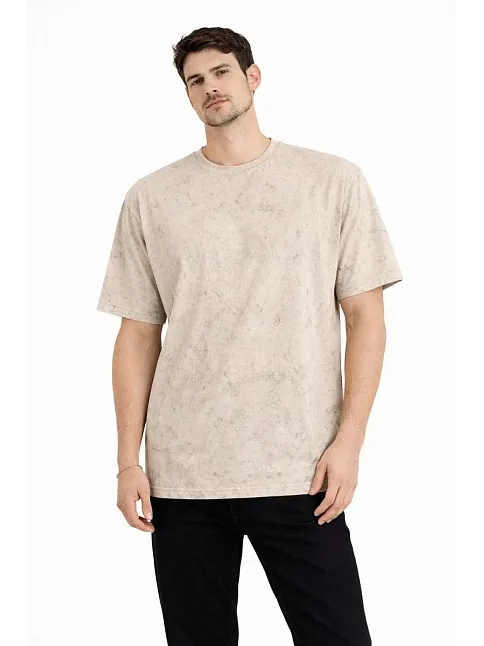 Erkek Asit Yıkama Bisiklet Yaka Kısa Kollu Oversize T-shirt Tişört - Bej