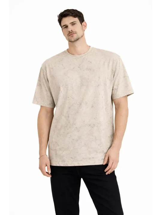 Erkek Asit Yıkama Bisiklet Yaka Kısa Kollu Oversize T-shirt Tişört - Bej Erkek Asit Yıkama Bisiklet Yaka Kısa Kollu Oversize T-shirt Tişört - Bej