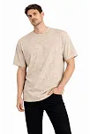 Erkek Asit Yıkama Bisiklet Yaka Kısa Kollu Oversize T-shirt Tişört - Bej