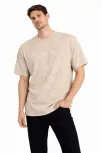 Erkek Asit Yıkama Bisiklet Yaka Kısa Kollu Oversize T-shirt Tişört - Bej Erkek Asit Yıkama Bisiklet Yaka Kısa Kollu Oversize T-shirt Tişört - Bej