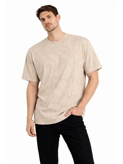 Erkek Asit Yıkama Bisiklet Yaka Kısa Kollu Oversize T-shirt Tişört - Bej