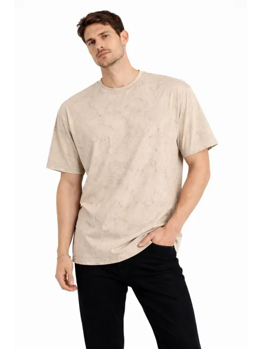 Erkek Asit Yıkama Bisiklet Yaka Kısa Kollu Oversize T-shirt Tişört - Bej Erkek Asit Yıkama Bisiklet Yaka Kısa Kollu Oversize T-shirt Tişört - Bej