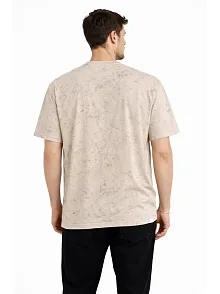 Erkek Asit Yıkama Bisiklet Yaka Kısa Kollu Oversize T-shirt Tişört - Bej