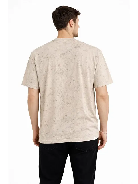 Erkek Asit Yıkama Bisiklet Yaka Kısa Kollu Oversize T-shirt Tişört - Bej