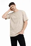 Erkek Asit Yıkama Bisiklet Yaka Kısa Kollu Oversize T-shirt Tişört - Bej