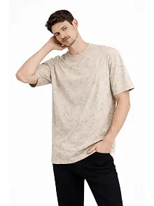 Erkek Asit Yıkama Bisiklet Yaka Kısa Kollu Oversize T-shirt Tişört - Bej