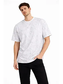 Erkek Asit Yıkama Bisiklet Yaka Kısa Kollu Oversize T-shirt Tişört - Beyaz