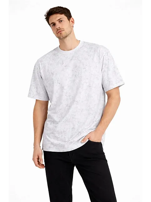 Erkek Asit Yıkama Bisiklet Yaka Kısa Kollu Oversize T-shirt Tişört - Beyaz