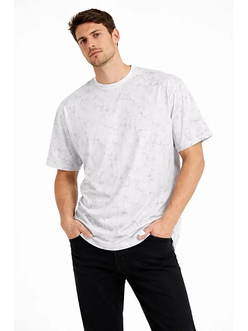 Erkek Asit Yıkama Bisiklet Yaka Kısa Kollu Oversize T-shirt Tişört - Beyaz