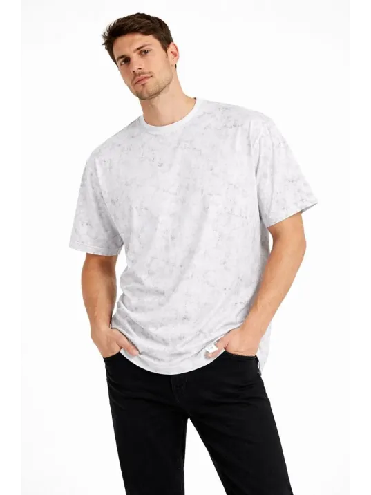 Erkek Asit Yıkama Bisiklet Yaka Kısa Kollu Oversize T-shirt Tişört - Beyaz