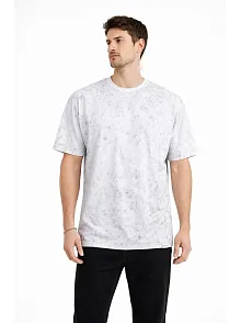Erkek Asit Yıkama Bisiklet Yaka Kısa Kollu Oversize T-shirt Tişört - Beyaz