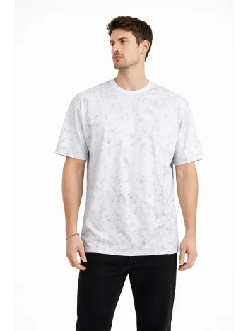 Erkek Asit Yıkama Bisiklet Yaka Kısa Kollu Oversize T-shirt Tişört - Beyaz