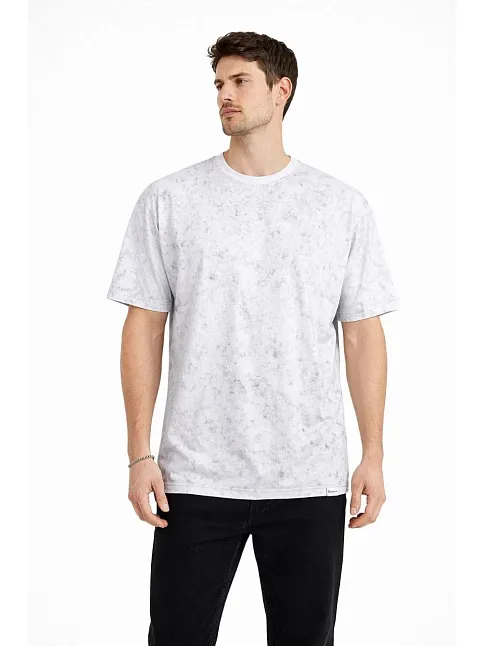 Erkek Asit Yıkama Bisiklet Yaka Kısa Kollu Oversize T-shirt Tişört - Beyaz