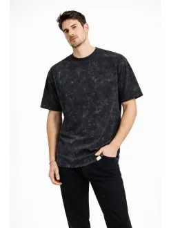 Erkek Asit Yıkama Bisiklet Yaka Kısa Kollu Oversize T-shirt Tişört - Siyah