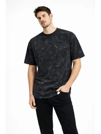 Erkek Asit Yıkama Bisiklet Yaka Kısa Kollu Oversize T-shirt Tişört - Siyah